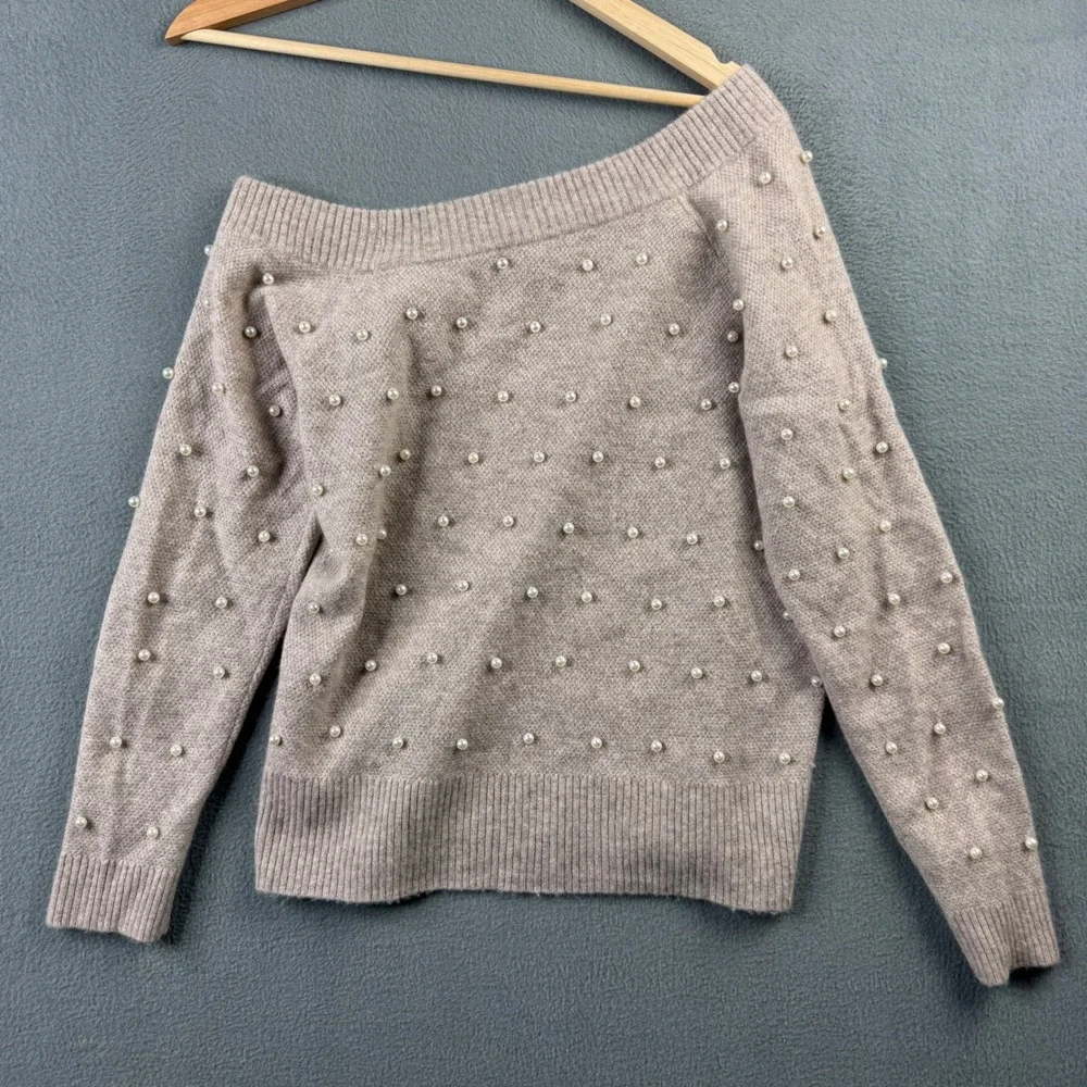 Charter Club Luxury 100% Cashmere Pearl Studded Off Shoulder Sweater Taupe Med